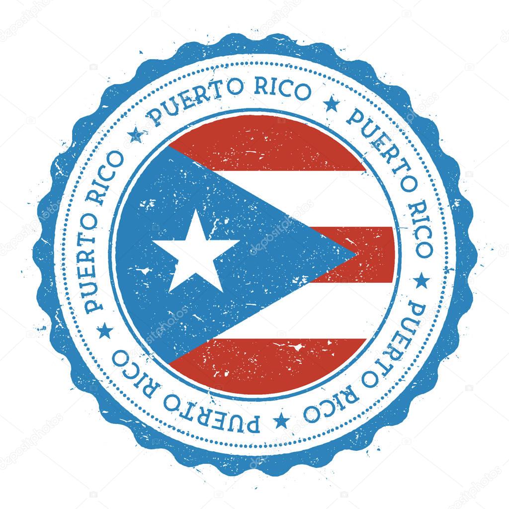 Grunge rubber stamp with Puerto Rico flag. Vintage travel stamp with circular text, stars and national flag inside it. Vector illustration.
