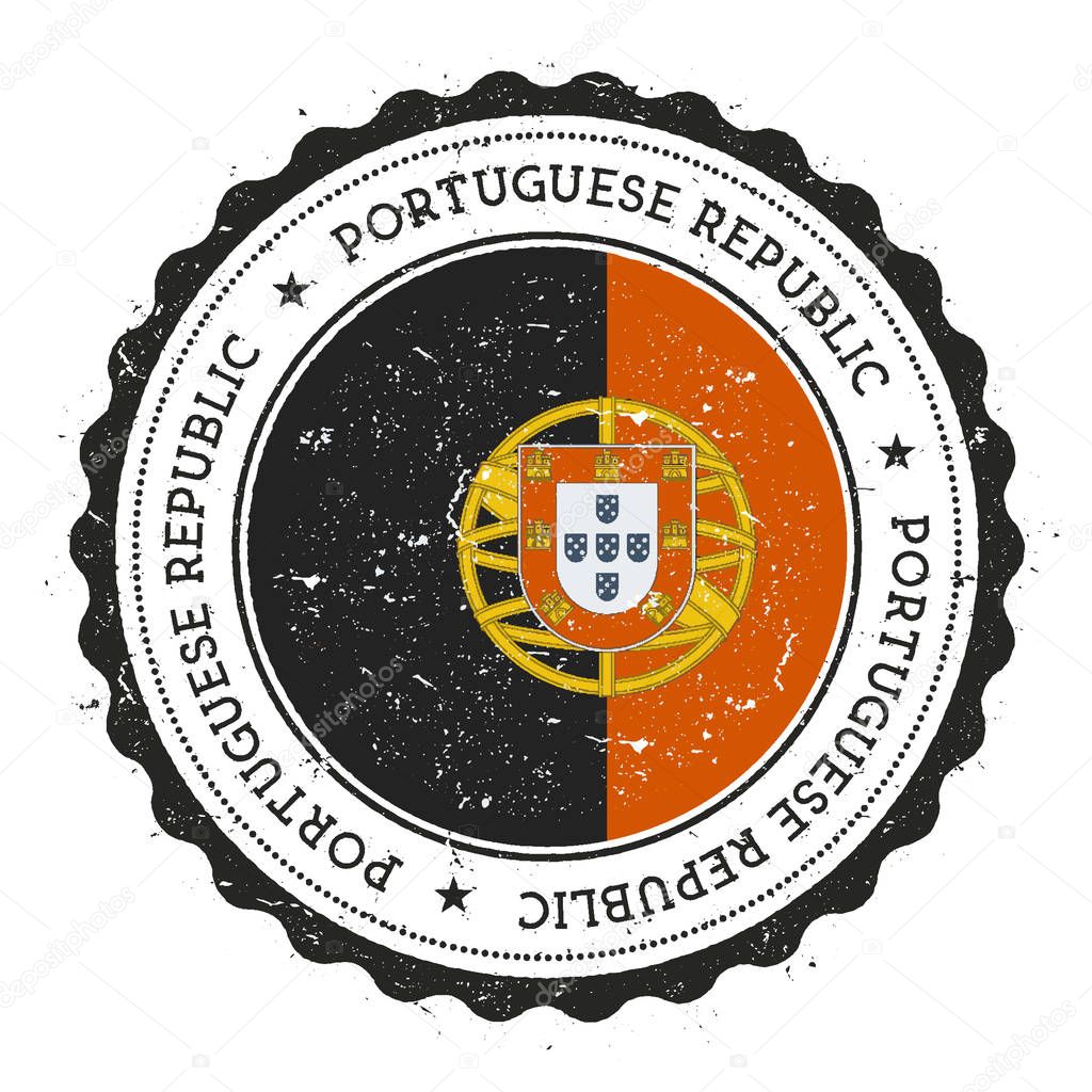 Grunge rubber stamp with Portugal flag. Vintage travel stamp with circular text, stars and national flag inside it. Vector illustration.