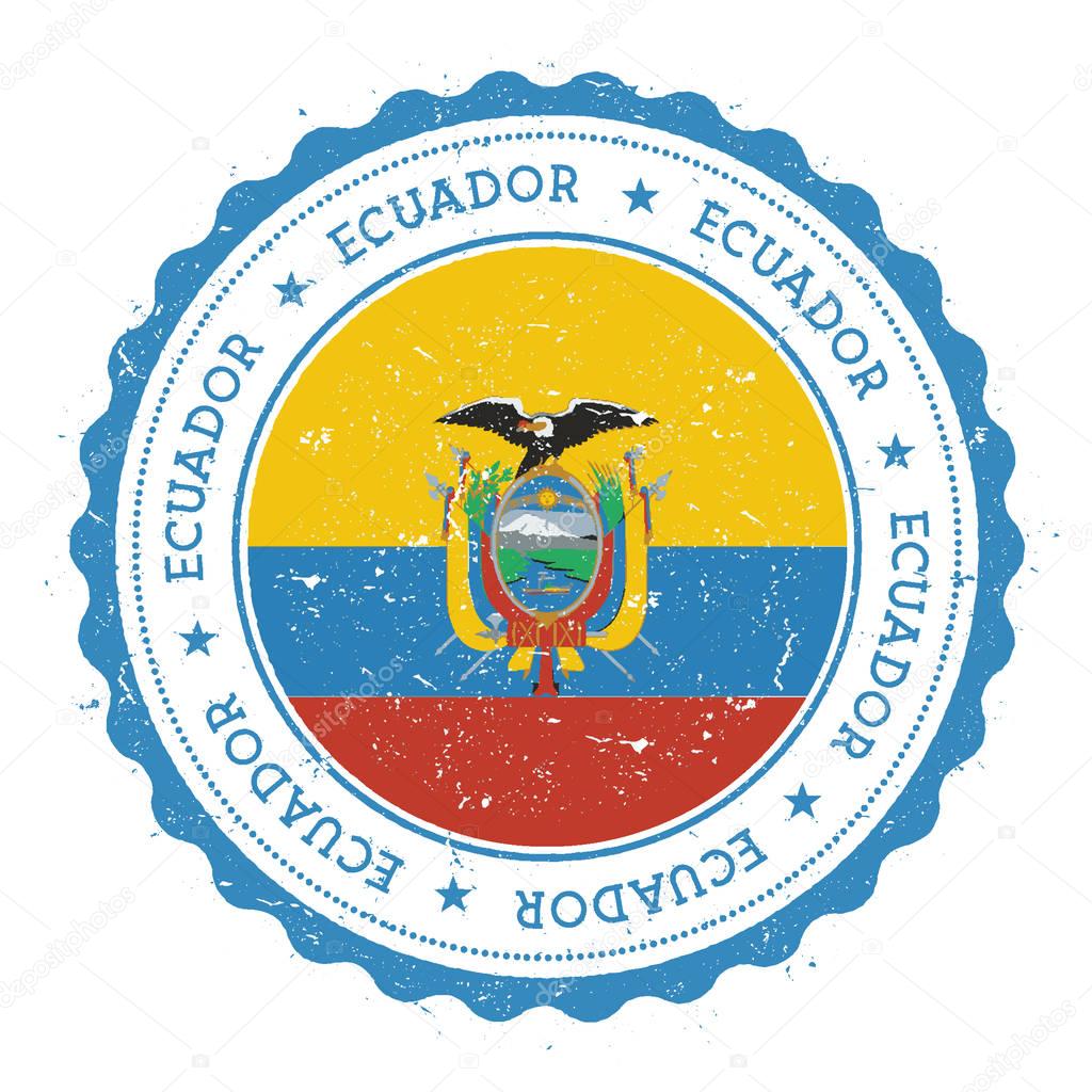 Grunge rubber stamp with Ecuador flag. Vintage travel stamp with circular text, stars and national flag inside it. Vector illustration.