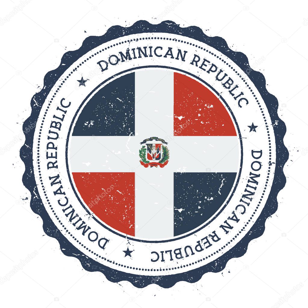 Grunge rubber stamp with Dominican Republic flag. Vintage travel stamp with circular text, stars and national flag inside it. Vector illustration.
