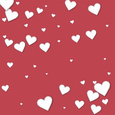 Kırmızı arkaplan vektörü illüstrasyonunda kesilmiş kağıt kalpler dağınık desen