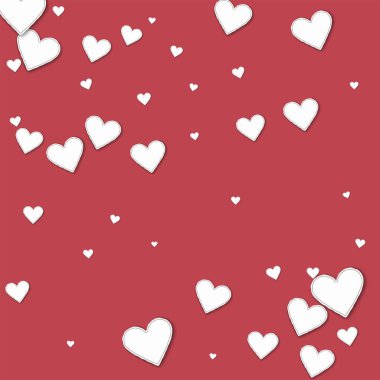 Kırmızı arkaplan vektörü illüstrasyonunda kesilmiş kağıt kalpler dağınık desen