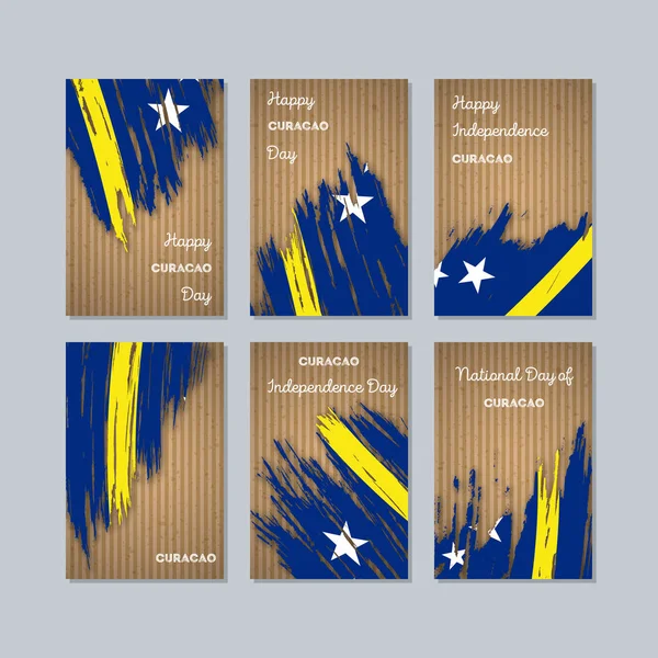 Curaçao patriotische Karten zum Nationalfeiertag ausdrucksstarker Pinselstrich in den Nationalflaggenfarben auf Kraft — Stockvektor