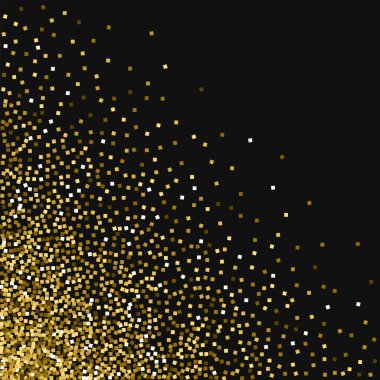 Altın glitter dağınık sol alt köşedeki altın glitter ile siyah arka planda zarif vektör