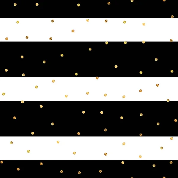 Zlaté tečky vzor bezešvé na černé a bílé pruhované pozadí podivuhodné přechodu zlaté tečky — Stockový vektor