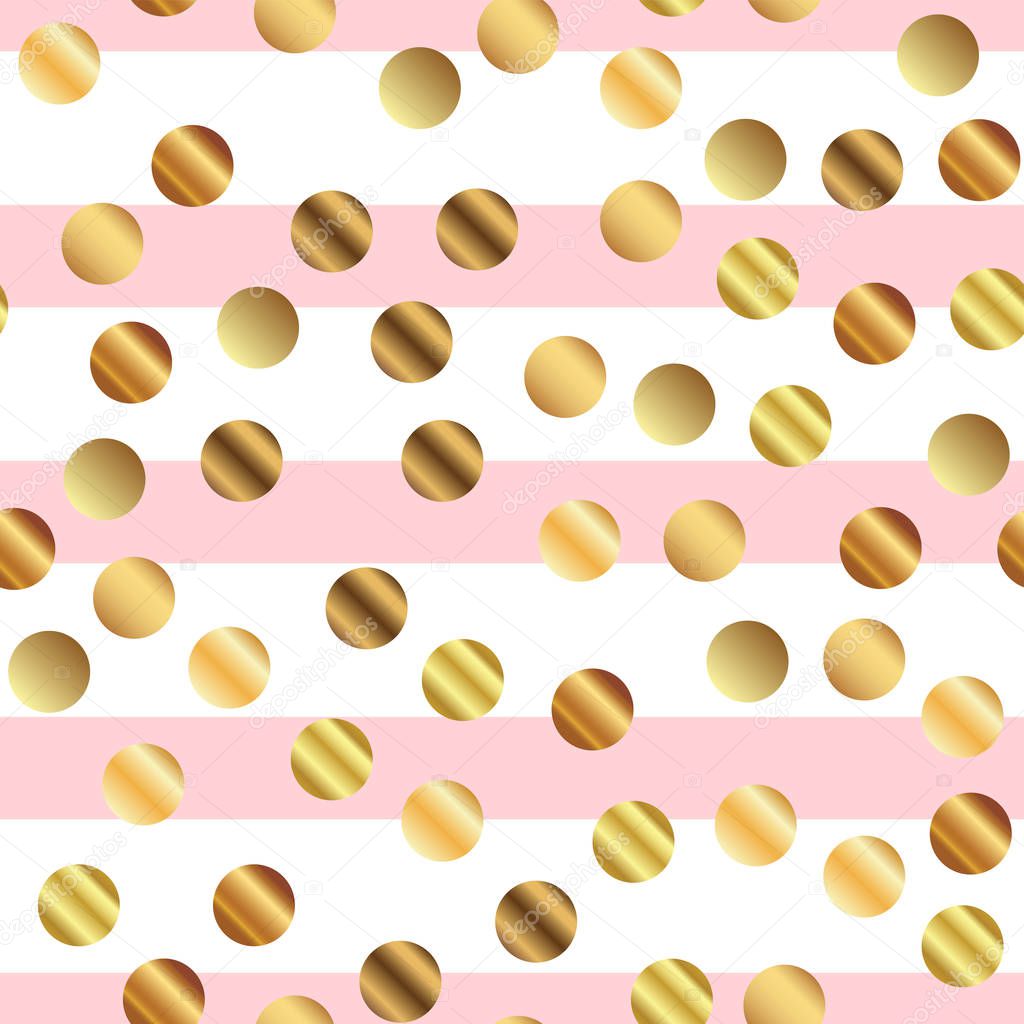 Golden dots seamless pattern on pink striped background Dazzling gradient golden dots endless