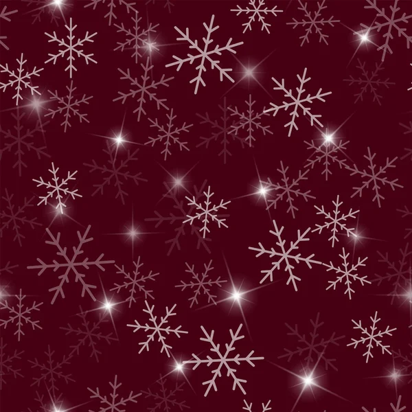 Copos de nieve transparente patrón sin costuras en el vino rojo fondo de Navidad Caótica dispersa — Vector de stock