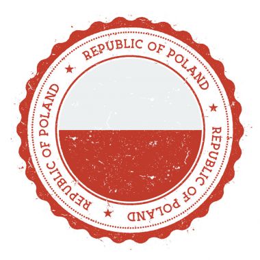 Polonya bayrağı Vintage Grunge lastik damga damga dairesel metin yıldız ve ulusal seyahat
