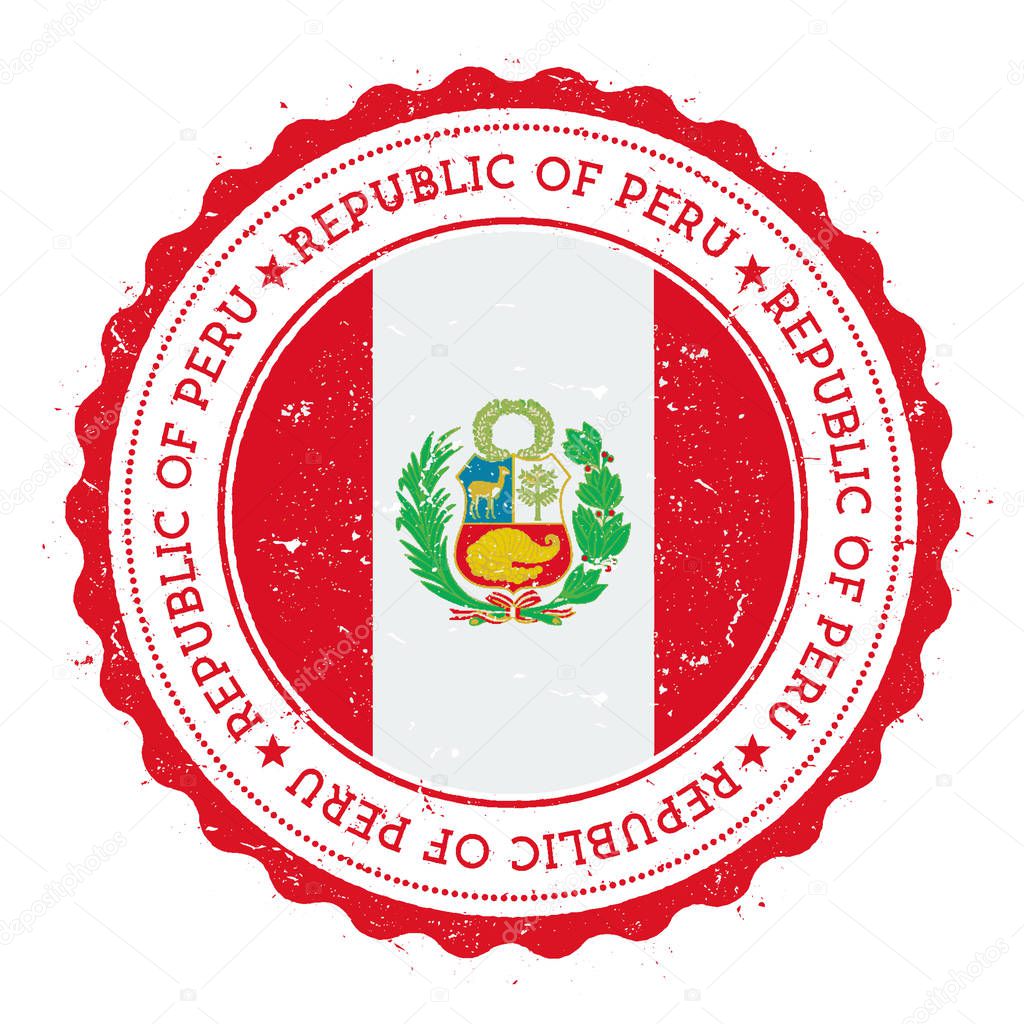 Grunge rubber stamp with Peru flag. Vintage travel stamp with circular text, stars and national flag inside it. Vector illustration.