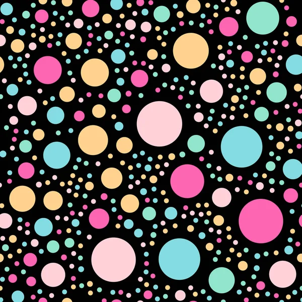 Kleurrijke polka dots naadloze patroon op zwart 3 achtergrond fascinerende klassieke kleurrijke polka dots — Stockvector