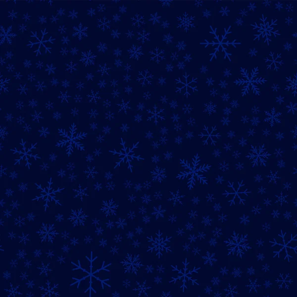 Vzor bezešvé průhledné vločky na tmavě modrém pozadí vánoční chaotický rozptýlené — Stockový vektor