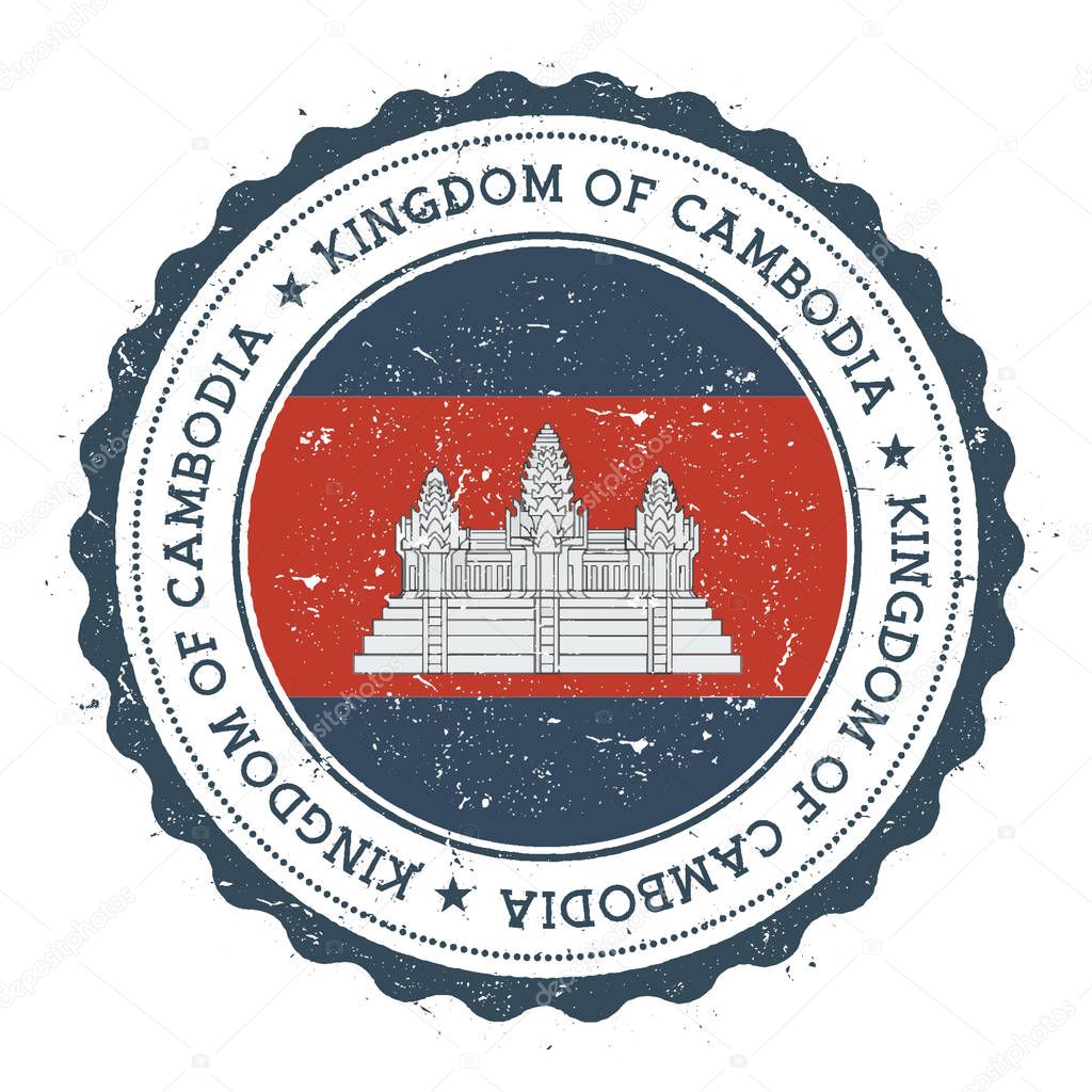 Grunge rubber stamp with Cambodia flag. Vintage travel stamp with circular text, stars and national flag inside it. Vector illustration.