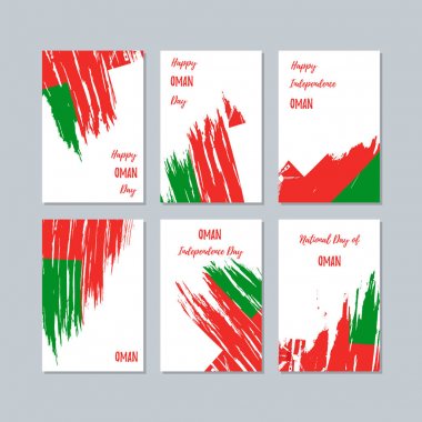 Oman Patriotic Cards for National Day Expressive Brush Stroke in National Flag Colors on white card clipart