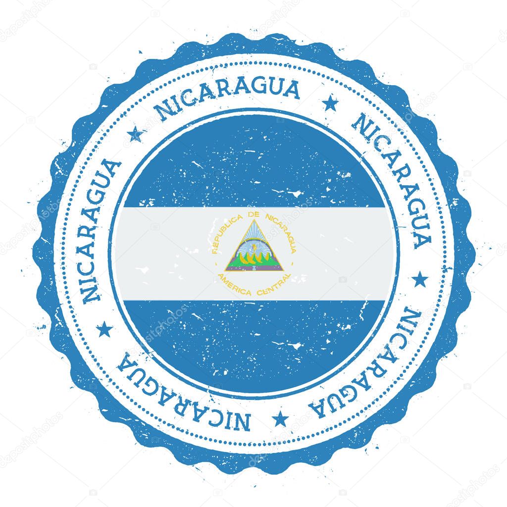 Grunge rubber stamp with Nicaragua flag. Vintage travel stamp with circular text, stars and national flag inside it. Vector illustration.