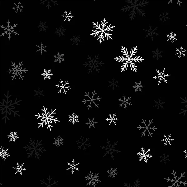 Beyaz kar taneleri beyaz kar taneleri seamless modeli siyah Noel arka planda kaotik dağınık — Stok Vektör