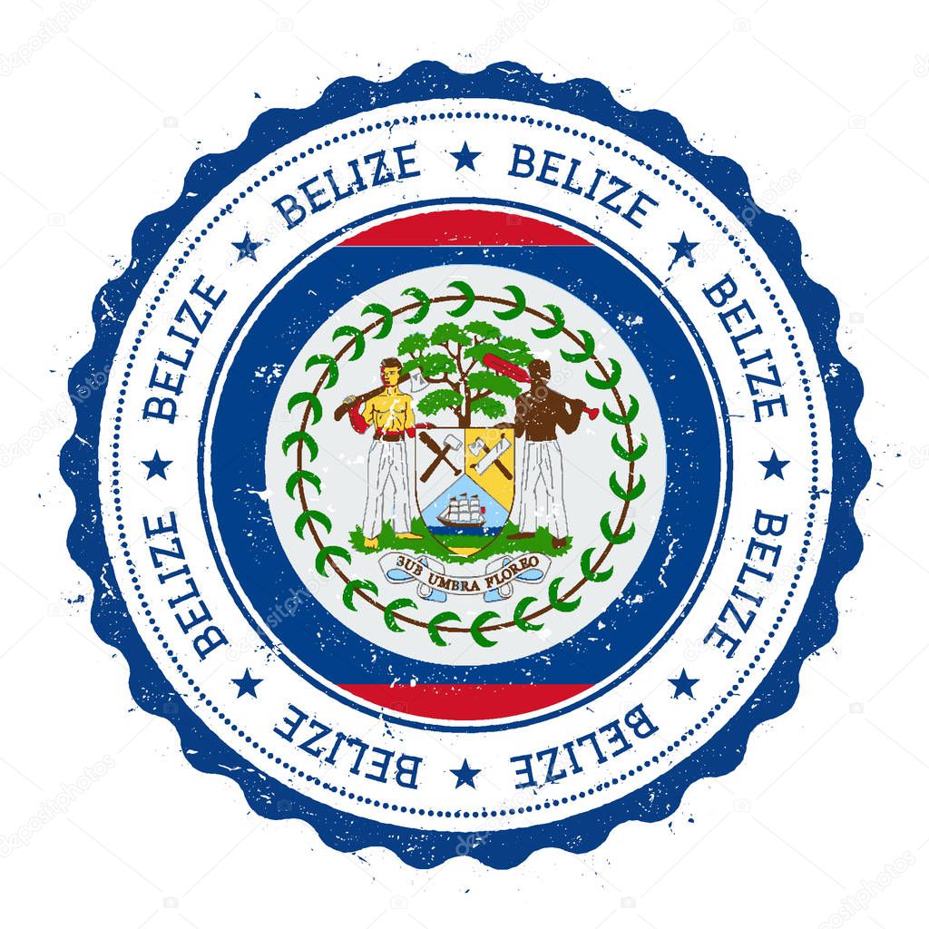 Grunge rubber stamp with Belize flag. Vintage travel stamp with circular text, stars and national flag inside it. Vector illustration.