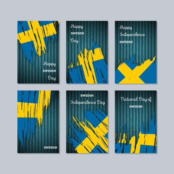 Sverige patriotiska kort för nationella dag uttrycksfulla penseldrag i nationella flagga färger på mörk — Stock vektor