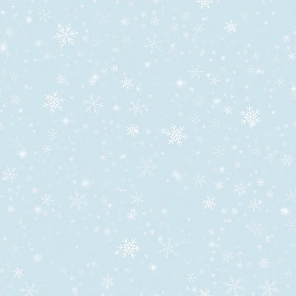 Magic snowflakes seamless pattern on light blue Christmas background Chaotic scattered magic — Stock Vector