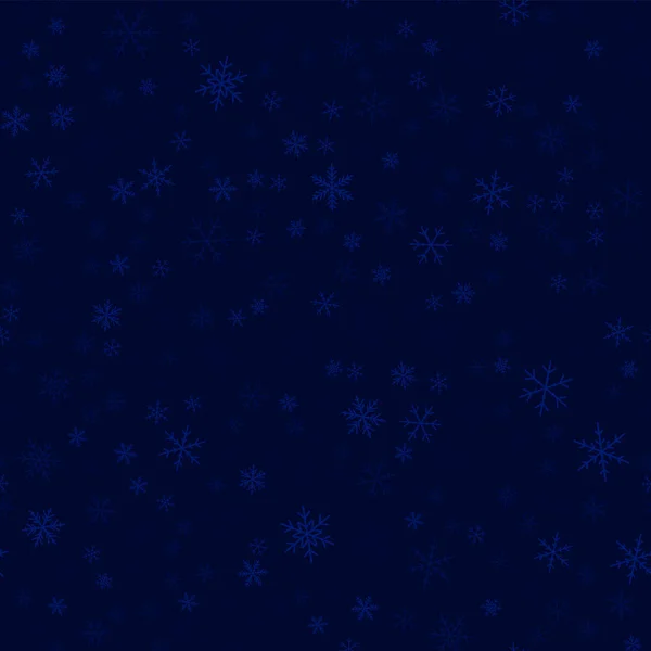 Transparente Schneeflocken nahtloses Muster auf dunkelblauem Weihnachtshintergrund chaotisch verstreut — Stockvektor