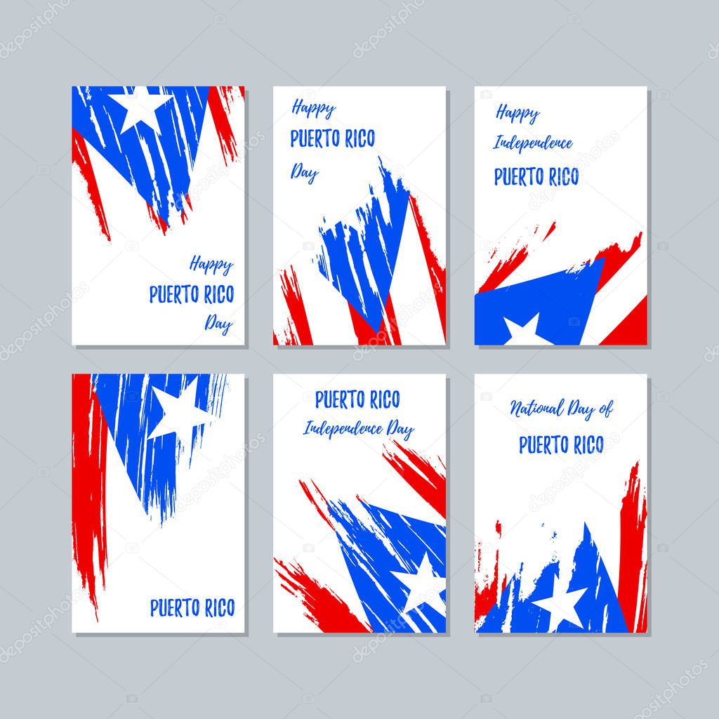 Puerto Rico Patriotic Cards for National Day. Expressive Brush Stroke in National Flag Colors on white card background. Puerto Rico Patriotic Vector Greeting Card.