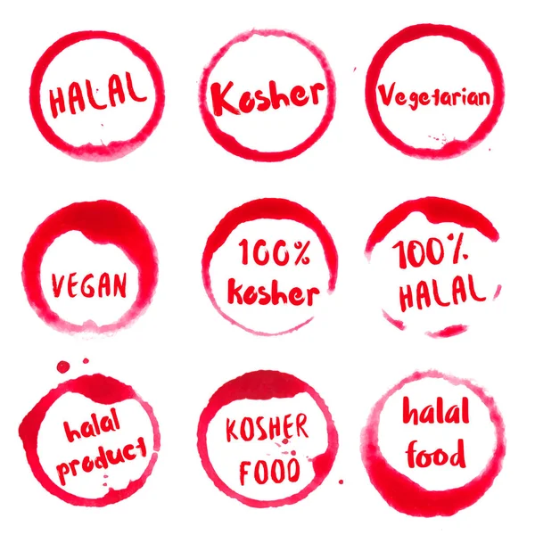 Halal koscher Lebensmittel Sammlung von runden Aquarellflecken mit halal koscher vegetarisch vegan 100 — Stockvektor
