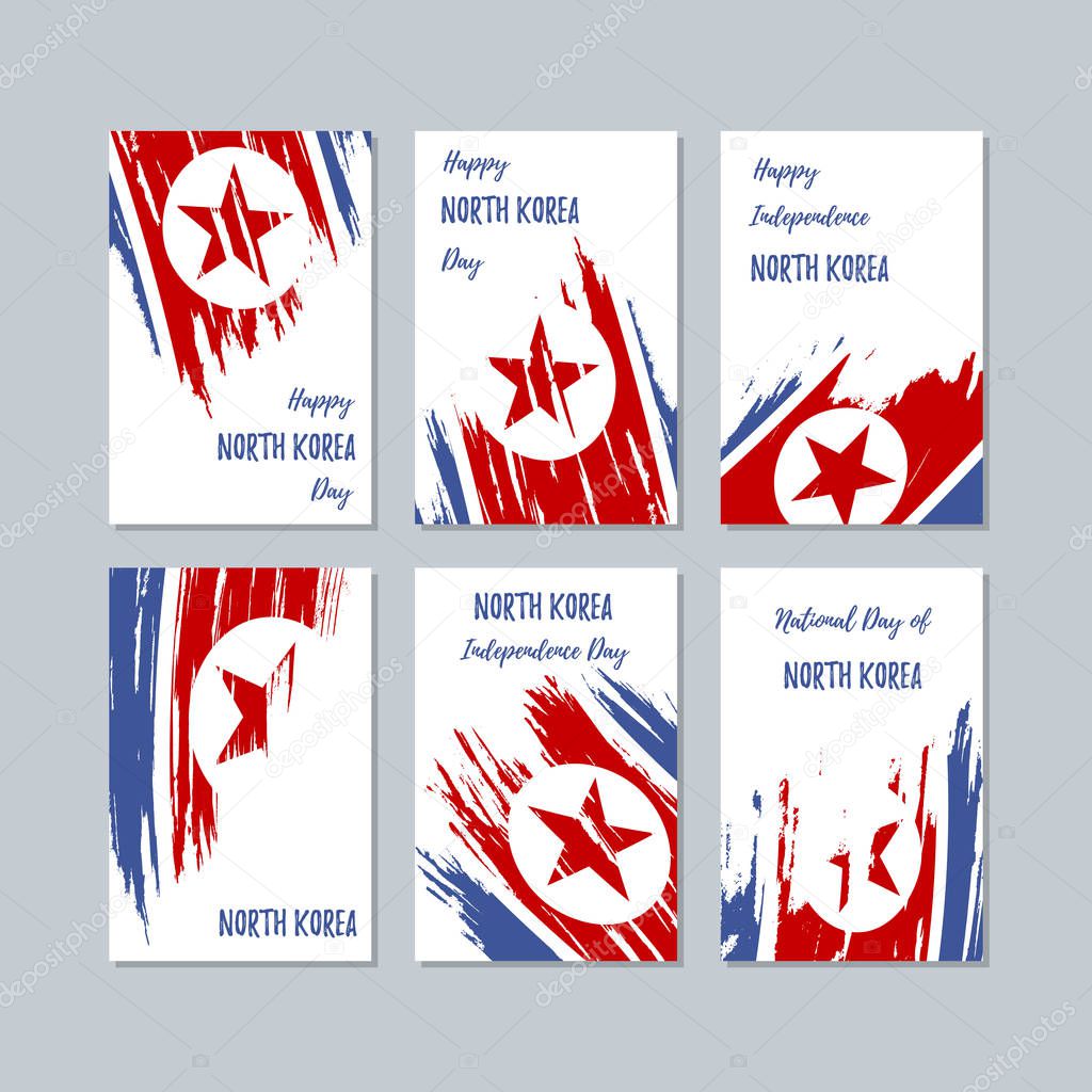 North Korea Patriotic Cards for National Day. Expressive Brush Stroke in National Flag Colors on white card background. North Korea Patriotic Vector Greeting Card.
