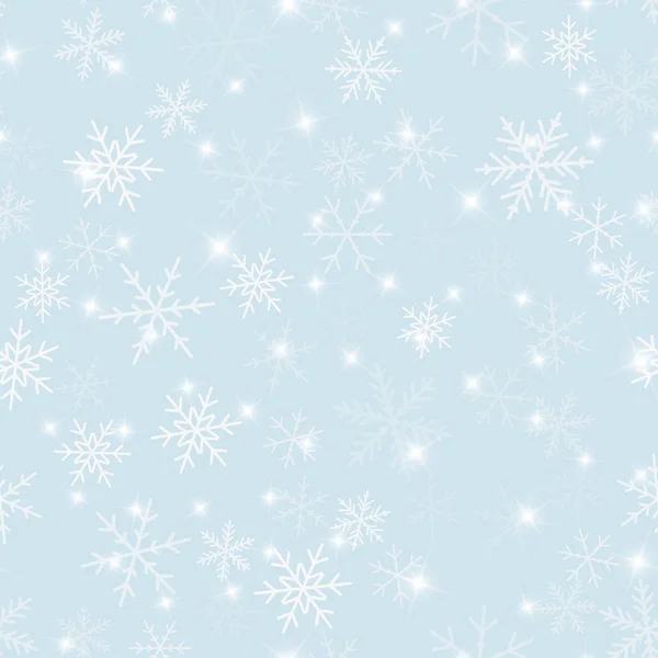 Magie Schneeflocken nahtlose Muster auf hellblauen Weihnachten Hintergrund chaotische verstreute Magie — Stockvektor