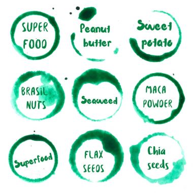 Süper yiyecek superfood fıstık ezmesi sweet ile yuvarlak sulu boya lekeleri Superfood topluluğu
