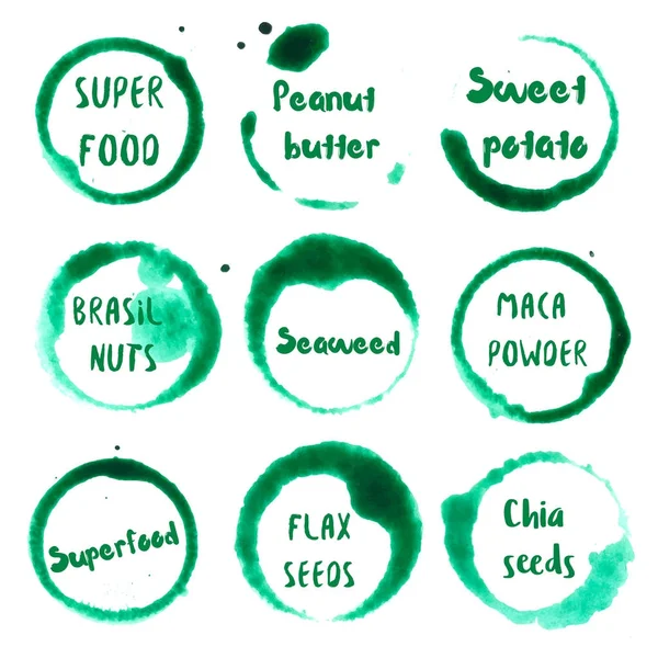 Superfood collectie van ronde aquarel vlekken met super voedsel superfood pindakaas zoete — Stockvector