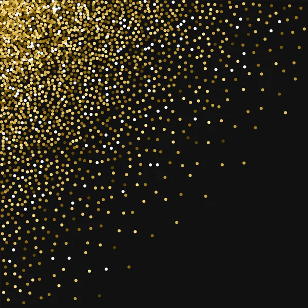 Ronde goud glitter verspreid linker bovenhoek met ronde gouden Glitters op zwarte achtergrond Pleasant — Stockvector