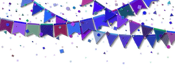 Bunting party flags Decent celebration card Blue and purple holiday decorations and confetti — Stock Vector