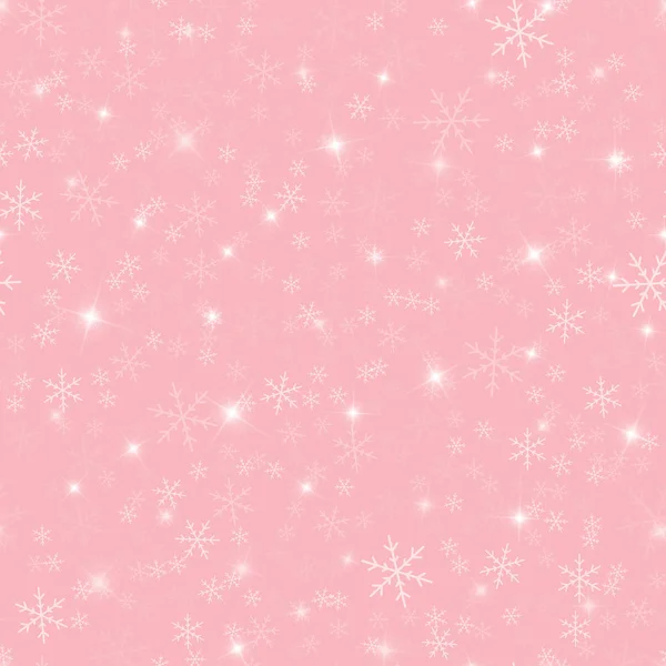 White snowflakes seamless pattern on pink Christmas background Chaotic scattered white snowflakes — Stock Vector