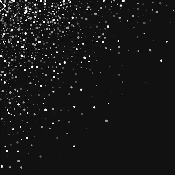 Lunares blancos que caen al azar Esquina superior izquierda dispersa con puntos blancos que caen al azar en negro — Archivo Imágenes Vectoriales
