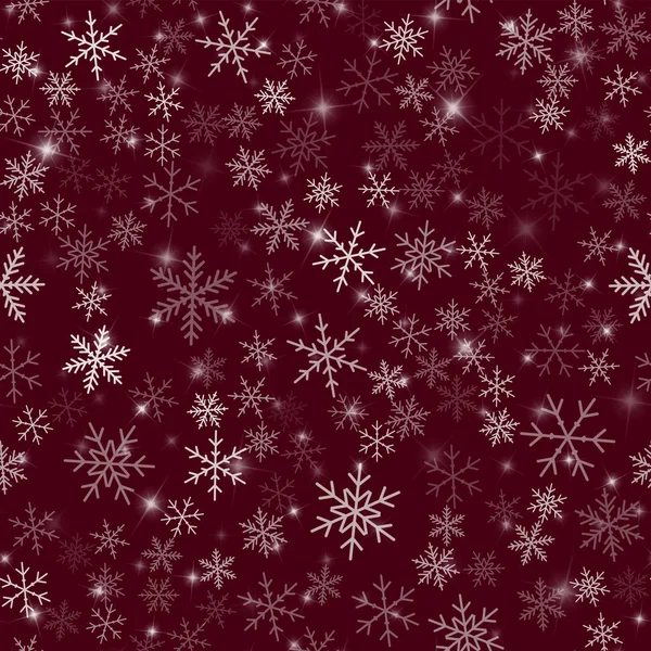 Copos de nieve transparente patrón sin costuras en el vino rojo fondo de Navidad Caótica dispersa — Vector de stock