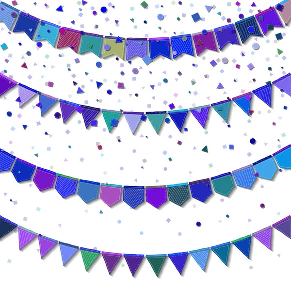 Banderas de fiesta Bunting Tarjeta de celebración energética Decoraciones navideñas azules y púrpuras y confeti — Archivo Imágenes Vectoriales