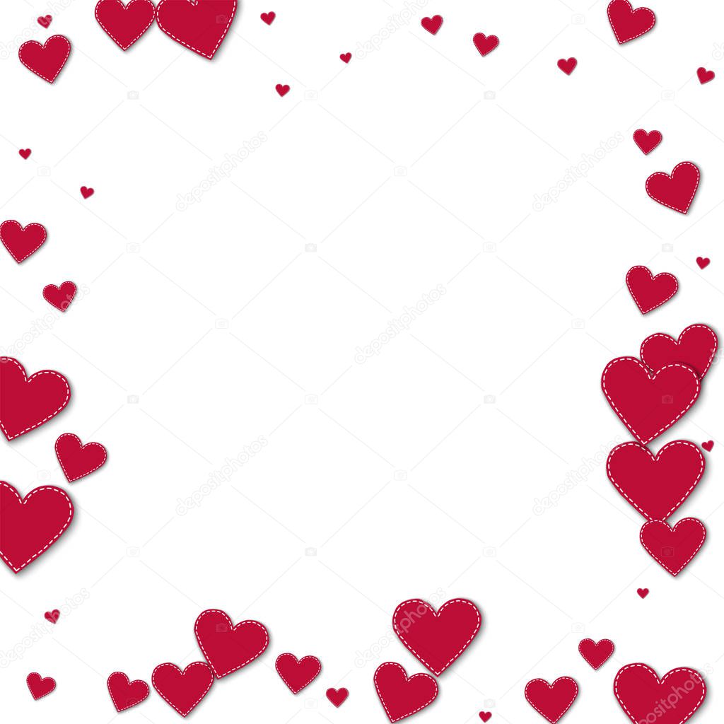 Red stitched paper hearts Chaotic border on white background Vector illustration