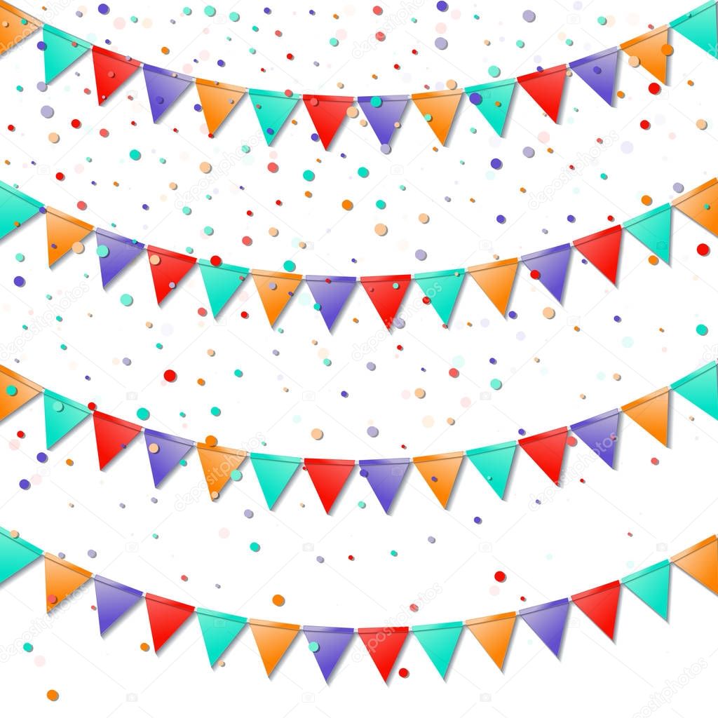 Bunting flags. Impressive celebration card. Bright colorful holiday decorations and confetti. Bunting flags vector illustration.