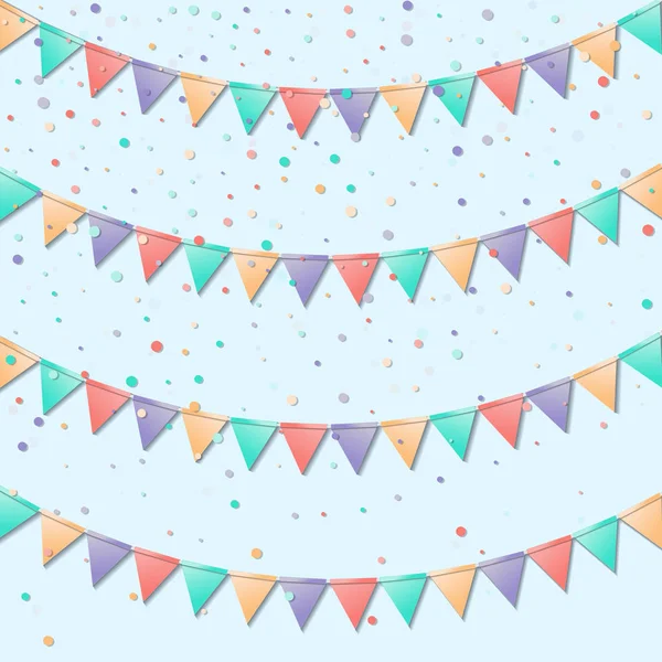 Bandeiras Bunting Cartão de celebração mesmérico Decorações coloridas de férias e confetes Bandeiras Bunting — Vetor de Stock