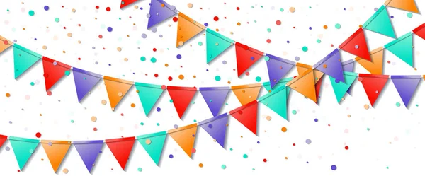 Bandeiras Bunting Cartão de celebração lindo Decorações de férias coloridas brilhantes e confetes Bunting — Vetor de Stock