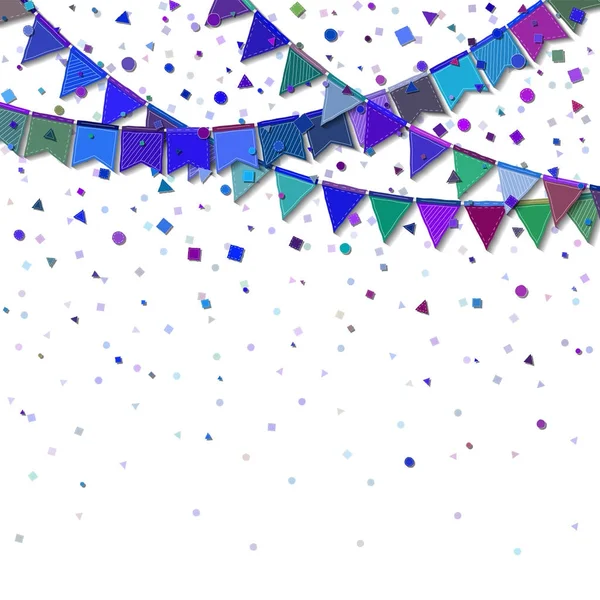 Bunting party flags Elegant celebration card Blue and purple holiday decorations and confetti