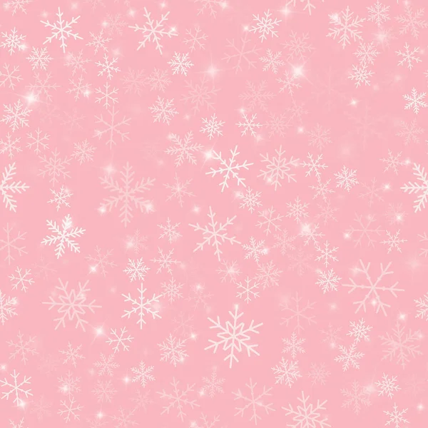 Weiße Schneeflocken nahtloses Muster auf rosa Weihnachten Hintergrund chaotisch verstreut weiße Schneeflocken — Stockvektor