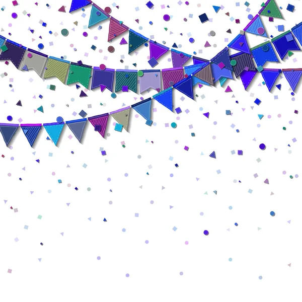 Bunting party flaggor gudomliga celebration kort blå och lila semester dekorationer och konfetti — Stock vektor