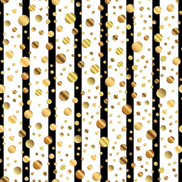 Golden dots seamless pattern on black and white striped background Marvelous gradient golden dots — Stock Vector