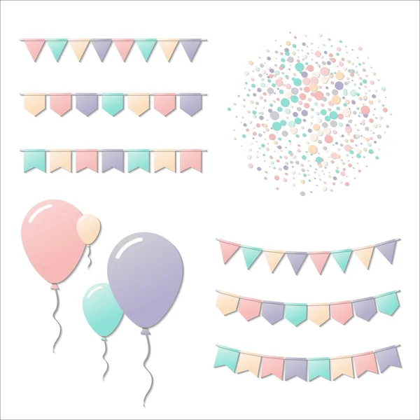 Bunting flags and balloons Noteworthy celebration card Colorful holiday decorations and confetti — Stock Vector