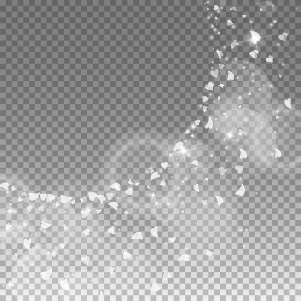 Corazones cayendo fondo de San Valentín Gran esquina superior izquierda radiante en rejilla transparente oscuro — Archivo Imágenes Vectoriales