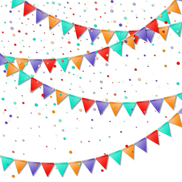 Banderas Bunting Tarjeta de celebración inmaculada Decoraciones coloridas brillantes y confeti — Archivo Imágenes Vectoriales