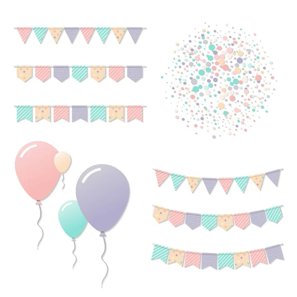 Bandeiras e balões Bunting Cartão de celebração bonito Decorações de festa de aniversário e confetes — Vetor de Stock