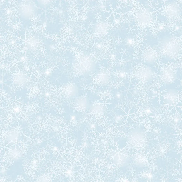 Patrón inconsútil de copos de nieve mágicos sobre fondo azul claro Navidad magia dispersa caótica — Vector de stock