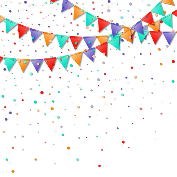 Banderas de bunting Tarjeta de celebración elegante Decoraciones de vacaciones de colores brillantes y confeti Bunting — Archivo Imágenes Vectoriales