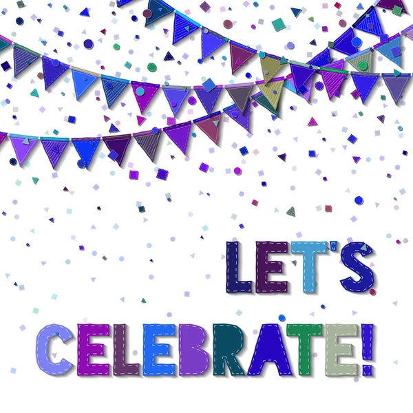 Bunting party flags Ecstatic celebration card Blue and purple holiday decorations and confetti